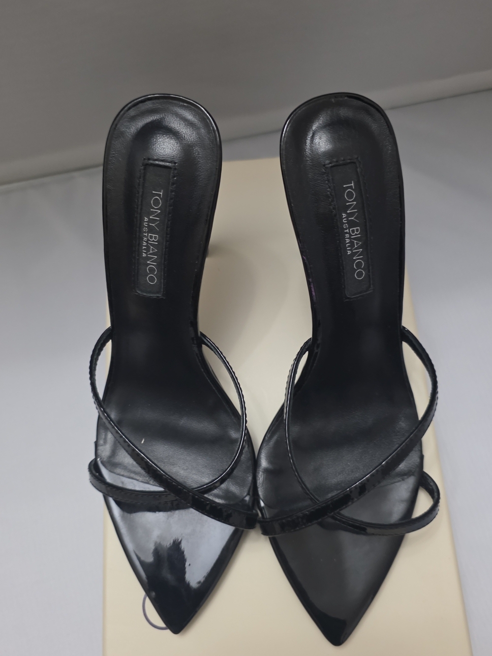 Tony Bianco Black Patent Strappy Pointed-Toe Mule Heels